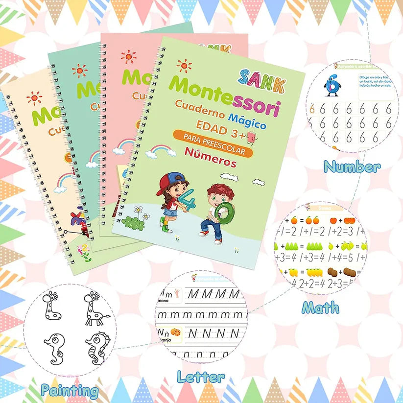 KIT DE ESCRITURA REUTILIZABLE MONTESSORI™ X 4|| 10 MINAS DE REPUESTO| CORRECTOR DEAGARRE🎁🎄