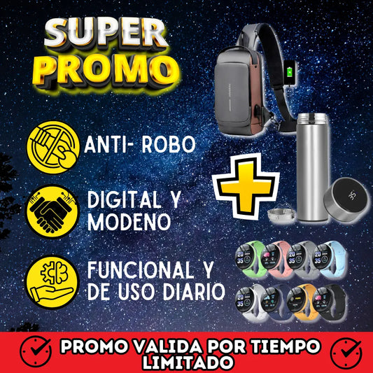 combo digital premium || morral antirobo || termo digital|| Reloj inteligente d18|| ENVIO GRATIS🎁
